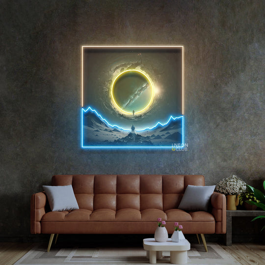 رائد فضاء مع بوابة فضاء فن البوب النيون