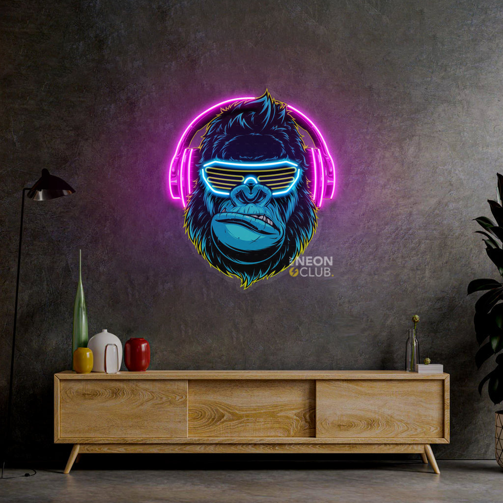 Gorilla with Headphones Neon Pop Art Néon Personnalisé | Enseigne LED Au Maroc – MyNeonClub