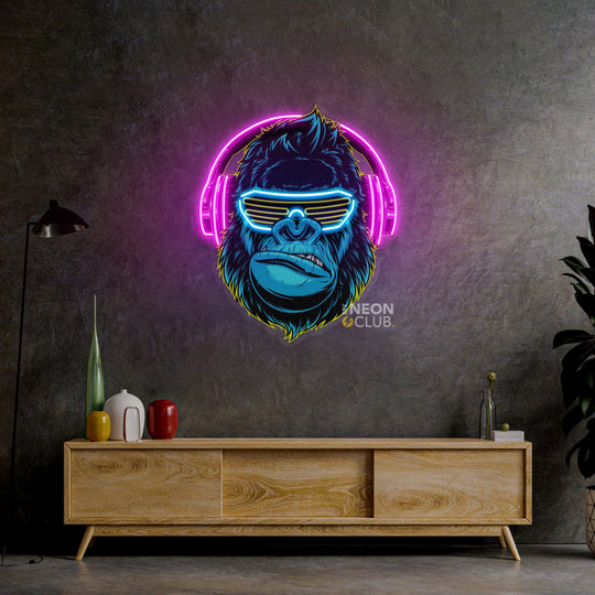 Gorilla with Headphones Neon Pop Art Néon Personnalisé | Enseigne LED Au Maroc – MyNeonClub