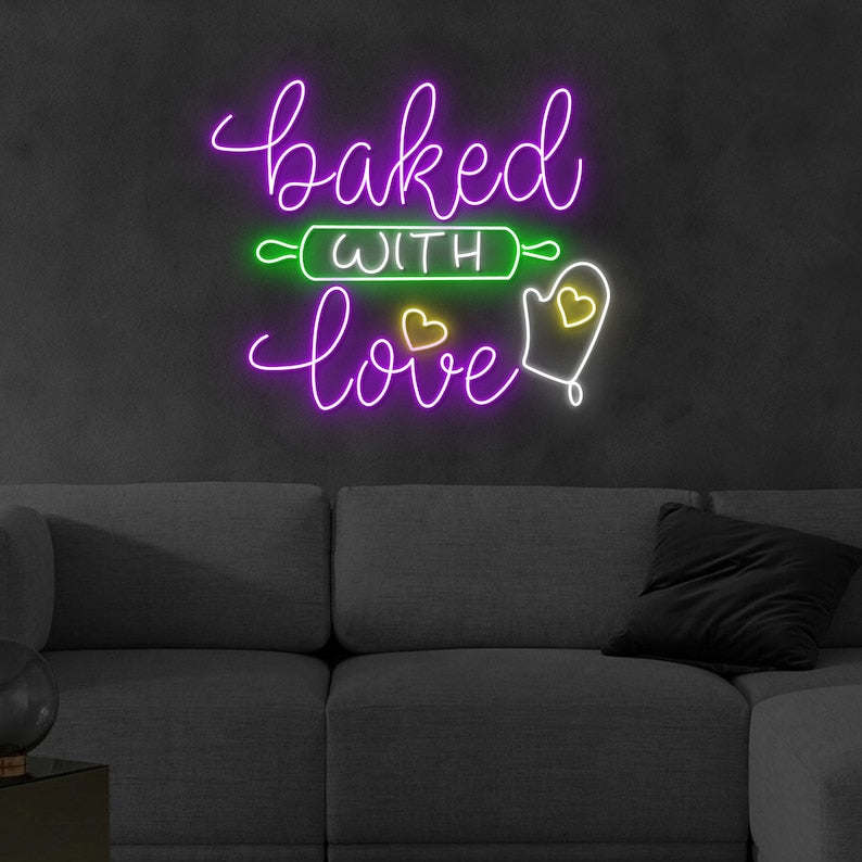 Bake With Love neon, Neon sign, Bakery decor, Love-themed signage, Vibrant lighting, Stylish ambiance, Illuminated sign, Trendy neon sign, Chic bakery, Baking passion, Bakery atmosphere