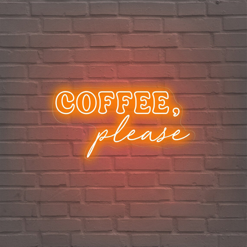 Coffee please wall Neon, Neon sign, Coffee-themed wall decor, Coffee lover's sign, Vibrant lighting, Stylish ambiance, Illuminated sign, Trendy neon sign, Chic cafe, Cafe atmosphere.