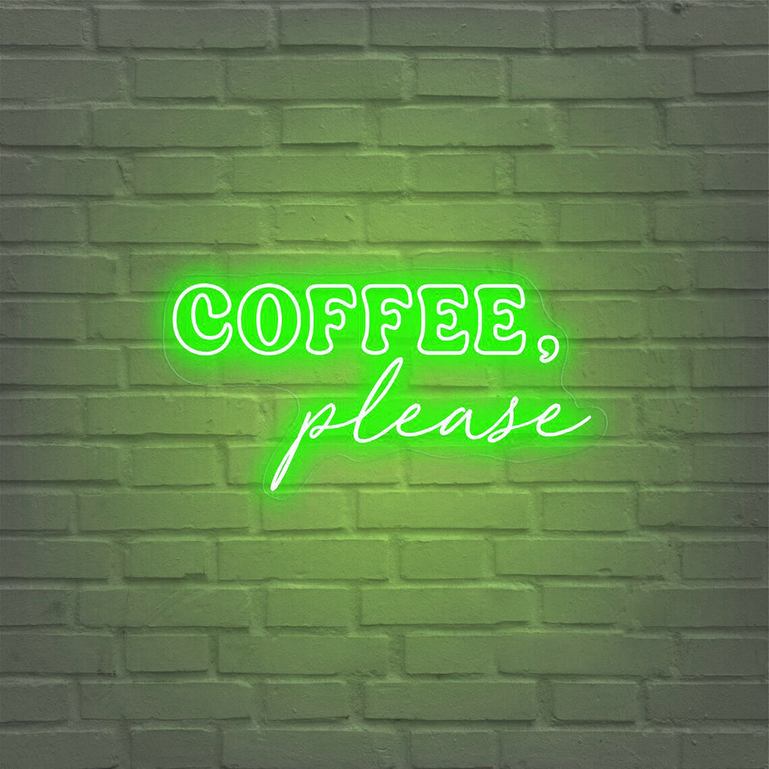 Coffee please wall Neon, Neon sign, Coffee-themed wall decor, Coffee lover's sign, Vibrant lighting, Stylish ambiance, Illuminated sign, Trendy neon sign, Chic cafe, Cafe atmosphere.