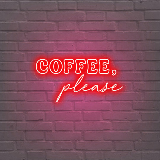 Coffee please wall Neon, Neon sign, Coffee-themed wall decor, Coffee lover's sign, Vibrant lighting, Stylish ambiance, Illuminated sign, Trendy neon sign, Chic cafe, Cafe atmosphere.