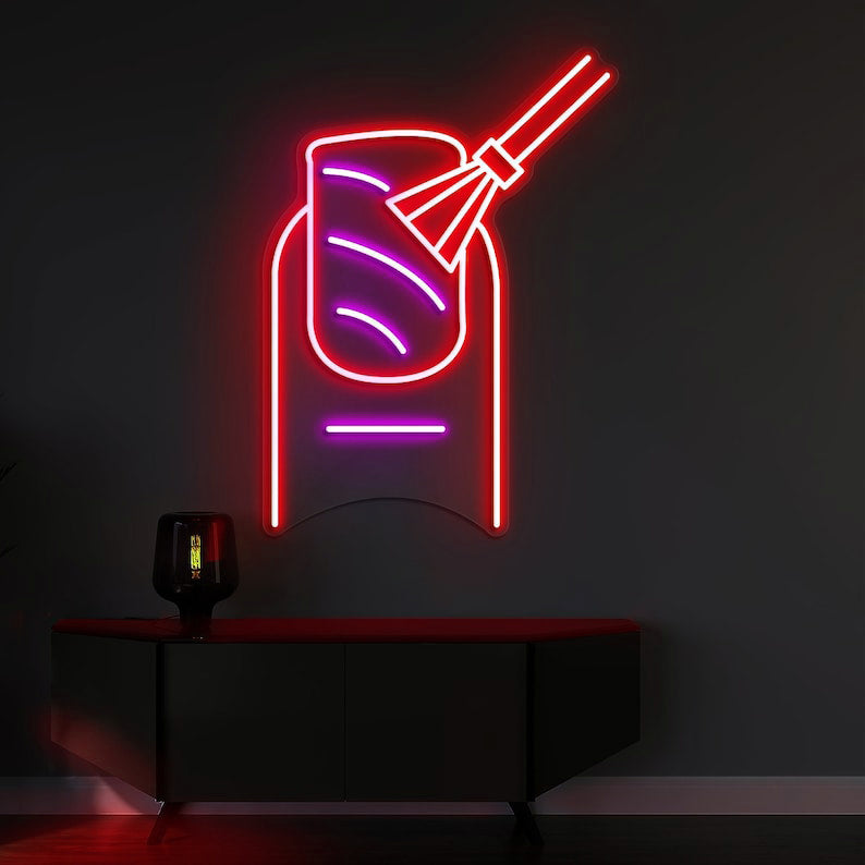 Nail Decor with Nail Polish Neon, Neon sign, Nail salon decor, Nail polish theme, Vibrant lighting, Stylish ambiance, Illuminated sign, Trendy neon sign, Chic nail studio, Salon atmosphere.