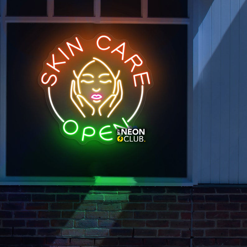 Skin Care Open Beauty Shop Neon, Beauty shop decor, Neon sign, Skincare sanctuary, Illuminated sign, Spa ambiance, Vibrant lighting, Stylish beauty shop, Beauty salon atmosphere, Trendy neon sign, Skin therapy vibes, Chic skincare studio, Relaxing spa environment, Glow sign, Skin rejuvenation center.