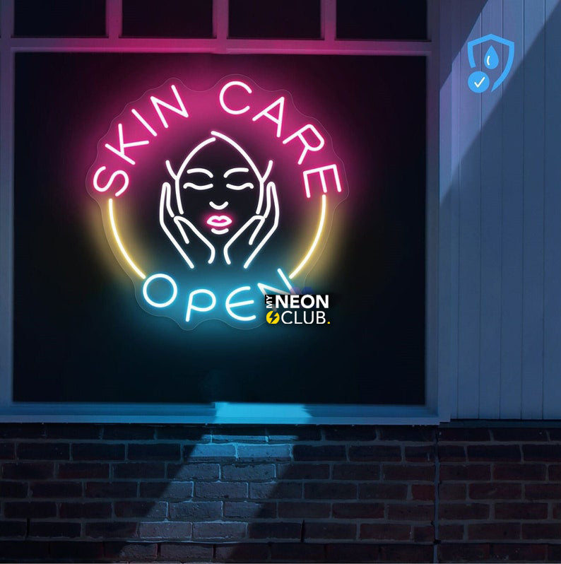 Skin Care Open Beauty Shop Neon, Beauty shop decor, Neon sign, Skincare sanctuary, Illuminated sign, Spa ambiance, Vibrant lighting, Stylish beauty shop, Beauty salon atmosphere, Trendy neon sign, Skin therapy vibes, Chic skincare studio, Relaxing spa environment, Glow sign, Skin rejuvenation center.