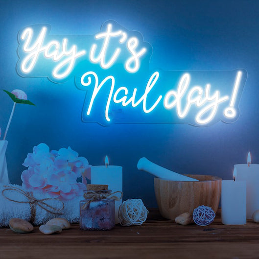 Yay It's Nail Day Neon, Nail salon decor, Neon sign, Manicure vibes, Nail art enthusiast, Vibrant lighting, Nail care ambiance, Stylish nail salon, Illuminated sign, Nail appointment excitement, Chic nail studio, Trendy neon sign, Salon atmosphere, Nail technician pride