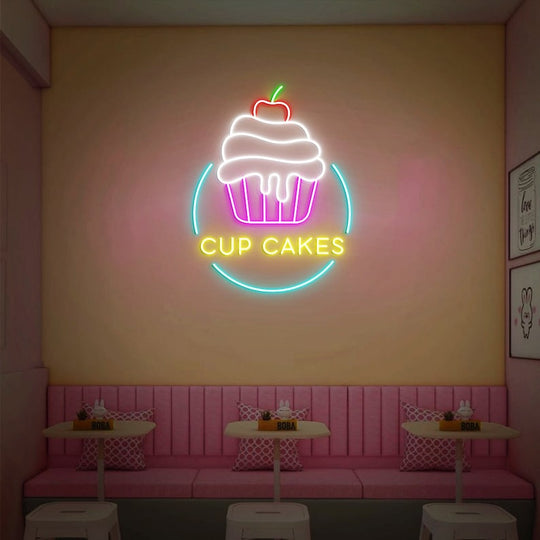 Cupcake Neon sign, Neon sign, Bakery decor, Cupcake-themed signage, Vibrant lighting, Stylish ambiance, Illuminated sign, Trendy neon sign, Chic bakery, Sweet atmosphere