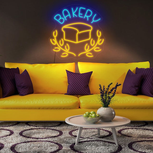 Baker with Bread neon, Neon sign, Bakery decor, Bread-themed signage, Vibrant lighting, Stylish ambiance, Illuminated sign, Trendy neon sign, Chic bakery, Artisan bread, Bakery atmosphere