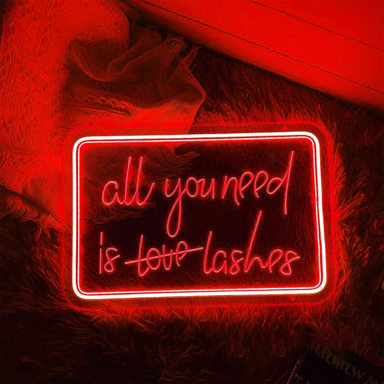 All You Need Is Love Lashes Neon, Neon sign, Beauty salon decor, Lash extensions, Love-themed salon, Vibrant lighting, Stylish ambiance, Illuminated sign, Trendy neon sign, Chic beauty studio, Salon atmosphere, Lash artist pride, Love-inspired decor.