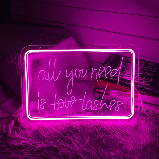 All You Need Is Love Lashes Neon, Neon sign, Beauty salon decor, Lash extensions, Love-themed salon, Vibrant lighting, Stylish ambiance, Illuminated sign, Trendy neon sign, Chic beauty studio, Salon atmosphere, Lash artist pride, Love-inspired decor.