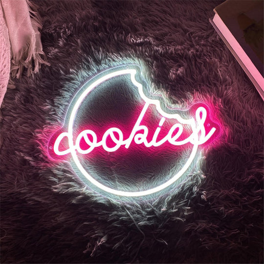 Cookies Neon, Neon sign, Bakery decor, Cookie-themed signage, Vibrant lighting, Stylish ambiance, Illuminated sign, Trendy neon sign, Chic bakery, Sweet atmosphere
