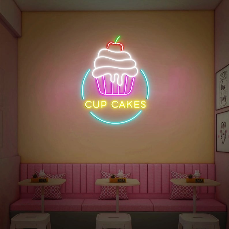 Cupcake Neon sign, Neon sign, Bakery decor, Cupcake-themed signage, Vibrant lighting, Stylish ambiance, Illuminated sign, Trendy neon sign, Chic bakery, Sweet atmosphere